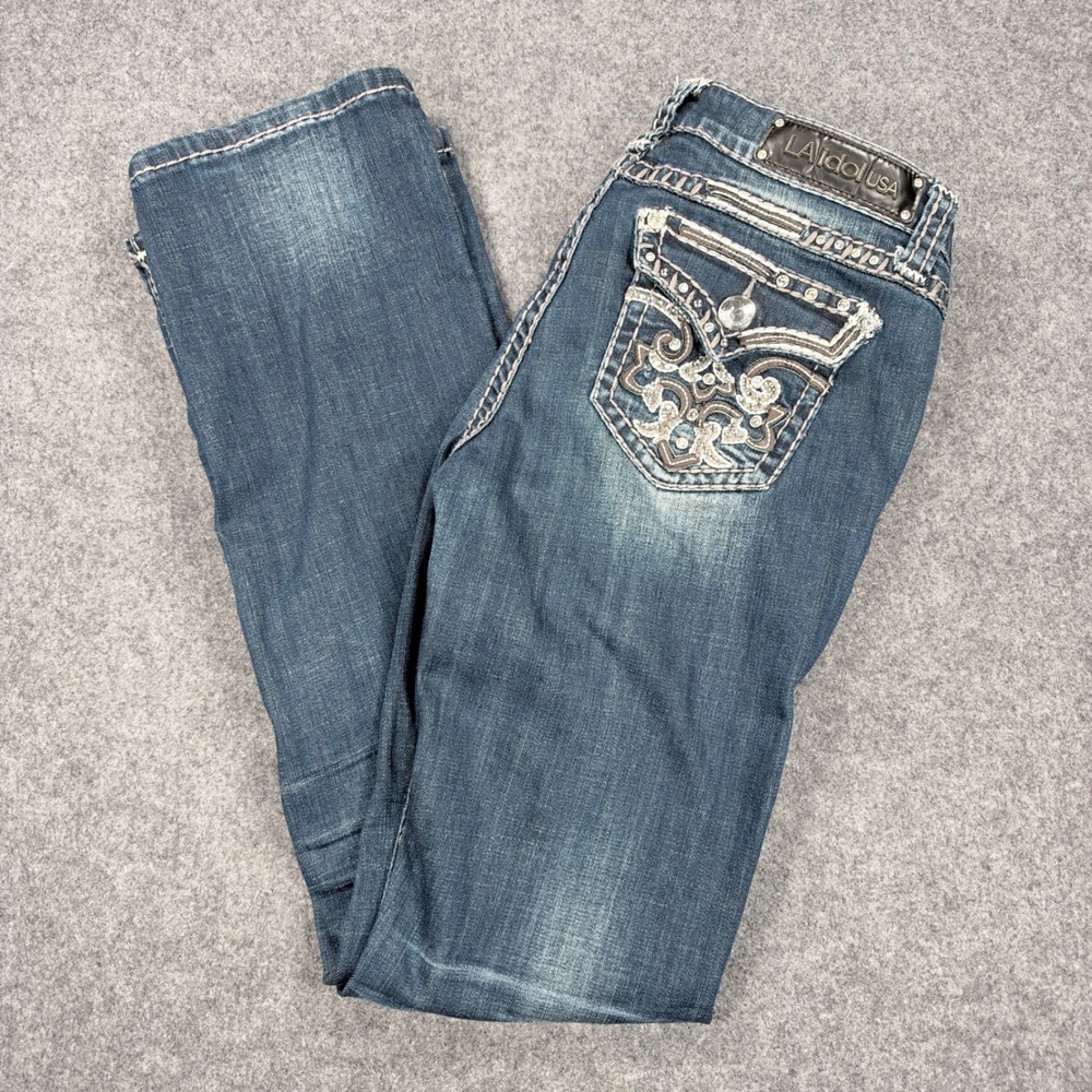 LA Idol USA Women 11 Bootcut Jeans Blue Rhinestone Embellished W33 L34 Denim